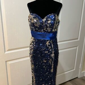 Beautiful sequin dress…floor length strapless Bicici royal blue & silver XS-S